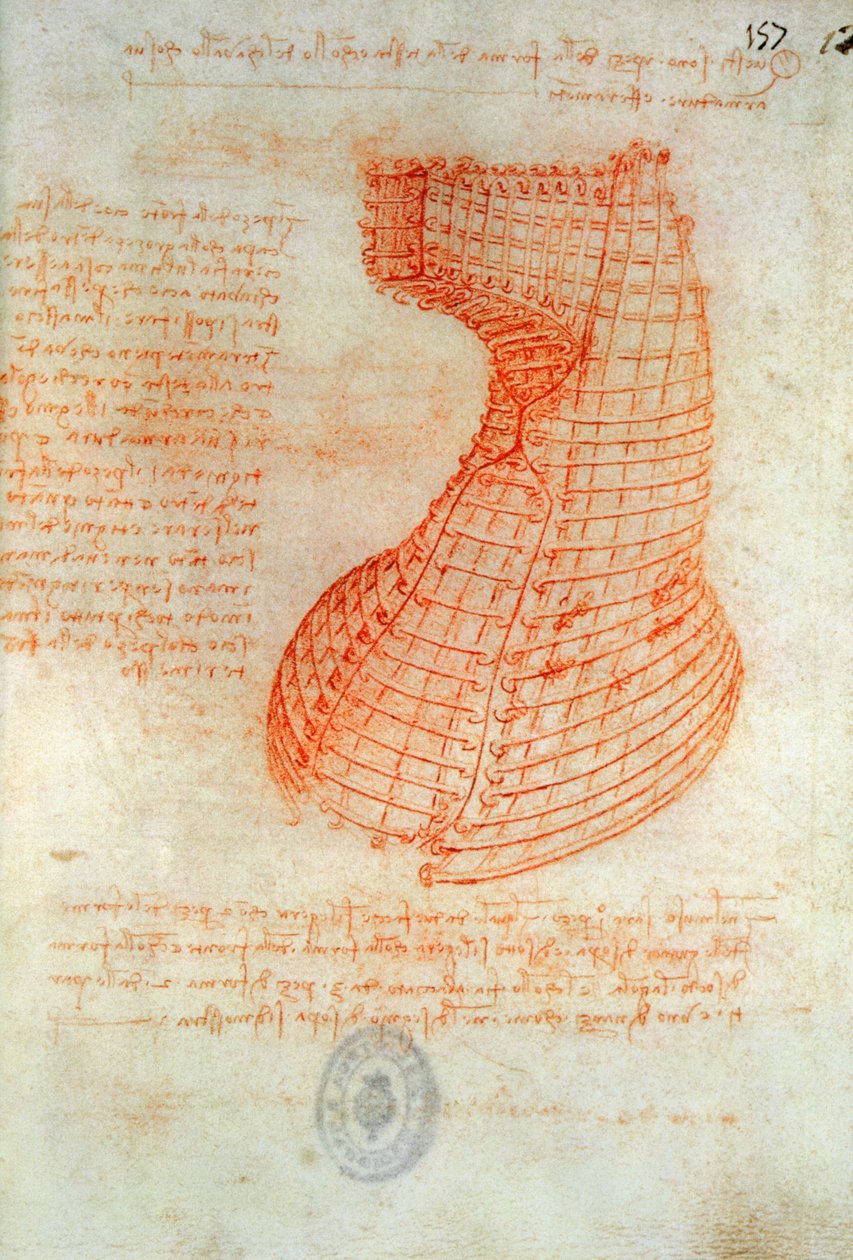 Rajz a vasműves öntőformáról a Sforza ló fejéhez, Fol. 57 (recto), a Codex Madrid I-ből, c.1491-93 (toll és barna tinta papíron) alkotó: Leonardo da Vinci