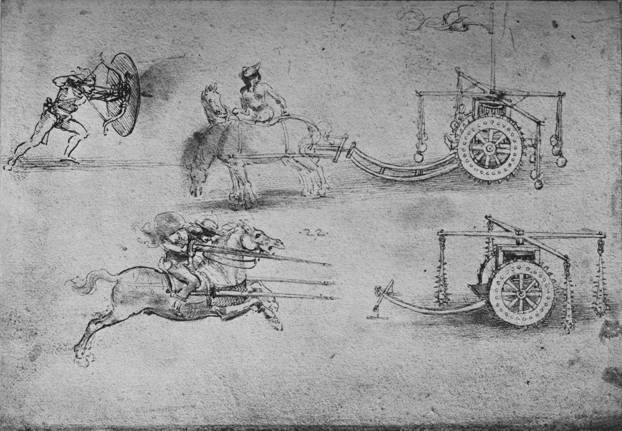 Rajzok csapokkal felfegyverzett szekerekről, pajzsos íjászról, c1480, 1945 alkotó: Leonardo da Vinci