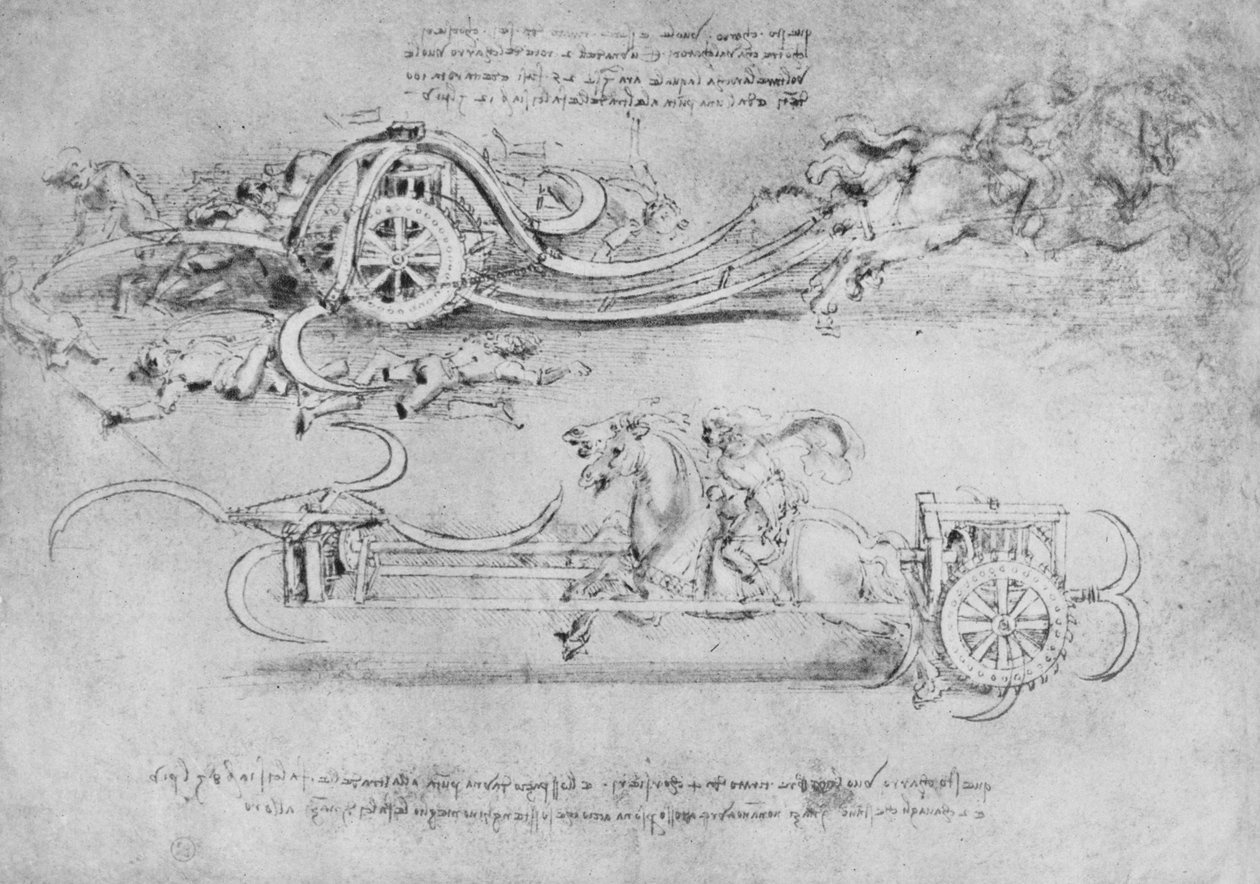 Rajzok kétféle kaszával felfegyverzett szekérről, c1480 1945 alkotó: Leonardo da Vinci