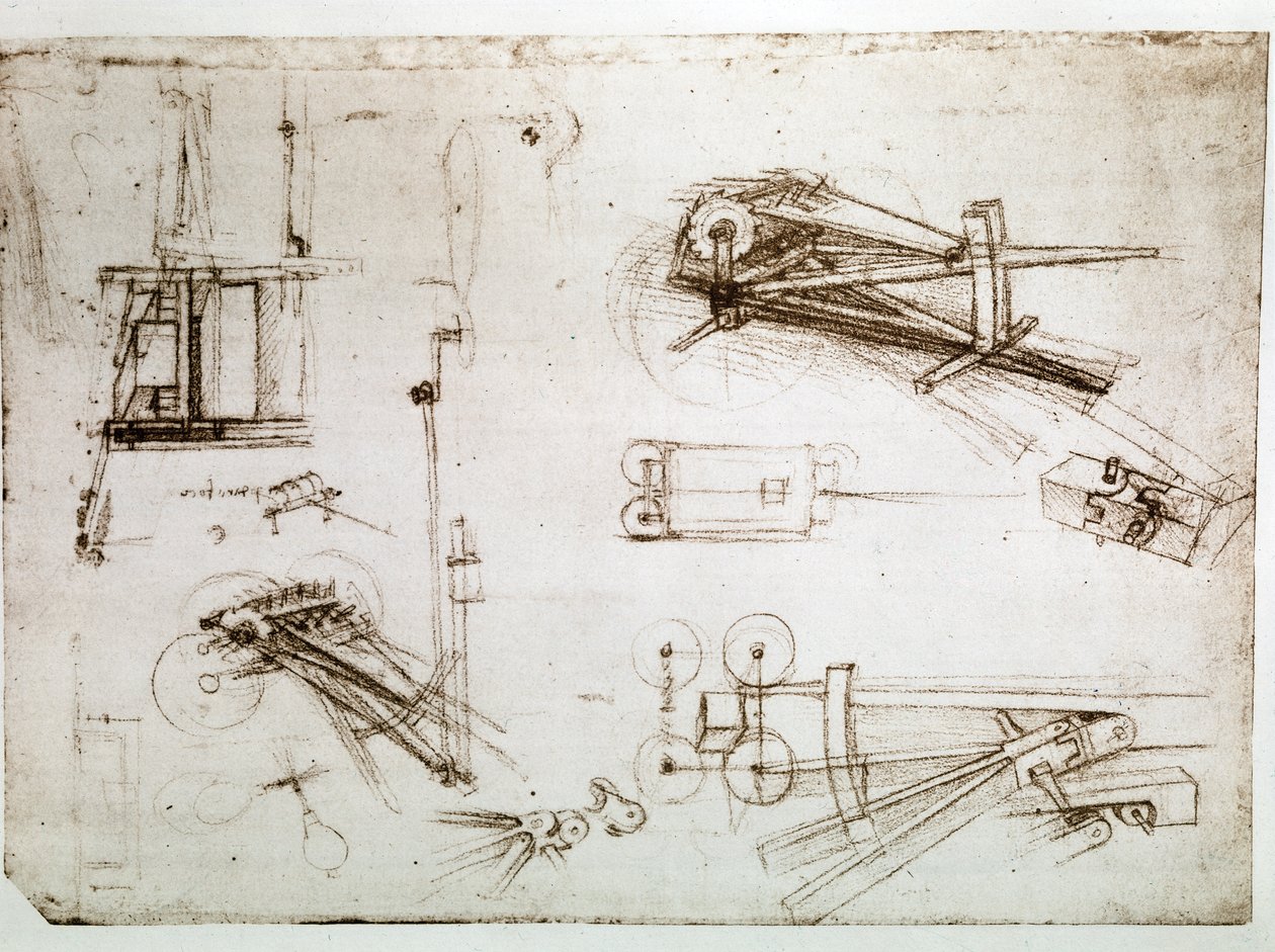 Kivonat egy Da Vinci-kéziratból, amely az "ágyúszállító kocsi" építését írja le (kézirat). alkotó: Leonardo da Vinci