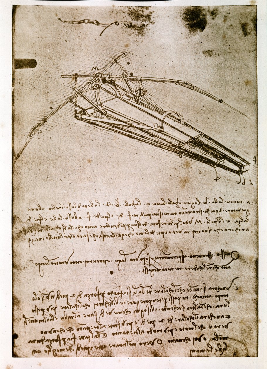 Kivonat egy Da Vinci-kéziratból, amely a "repülő gép" elvét és felépítését írja le (kézirat). alkotó: Leonardo da Vinci