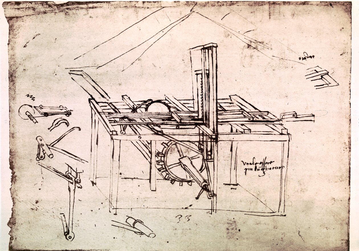 Kivonat egy Da Vinci-kéziratból, amely egy "hidraulikus fűrész elvét és felépítését írja le automatikus továbbítással" (kézirat). alkotó: Leonardo da Vinci