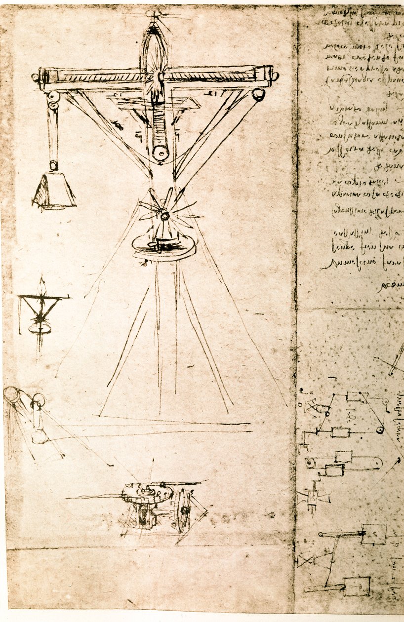 Kivonat egy Da Vinci-kéziratból, amely a "daru" elvét és felépítését írja le (kézirat). alkotó: Leonardo da Vinci