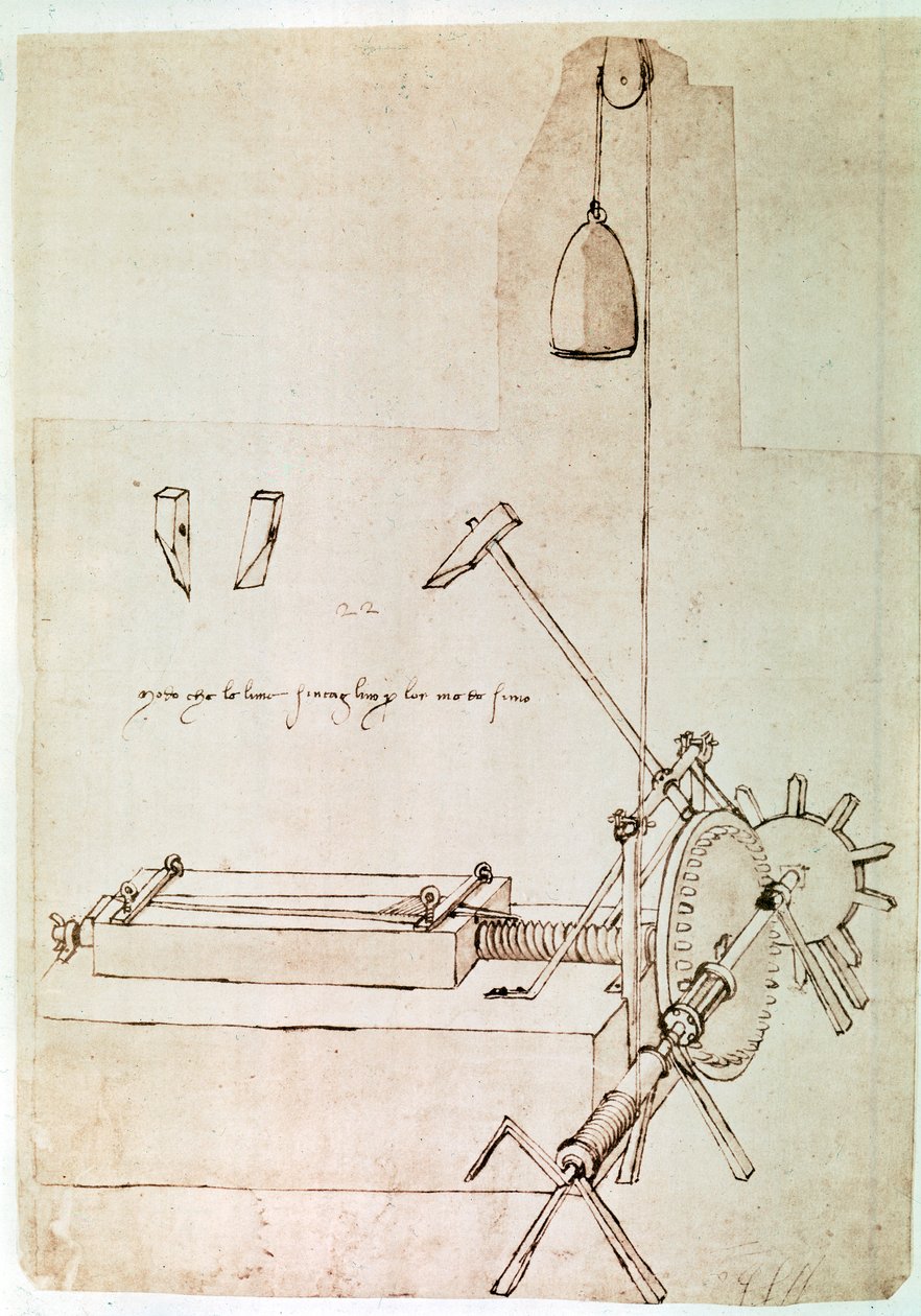 Kivonat egy Da Vinci-kéziratból, amely leírja egy "Fájlok behúzására szolgáló gép" elvét és felépítését (kézirat). alkotó: Leonardo da Vinci