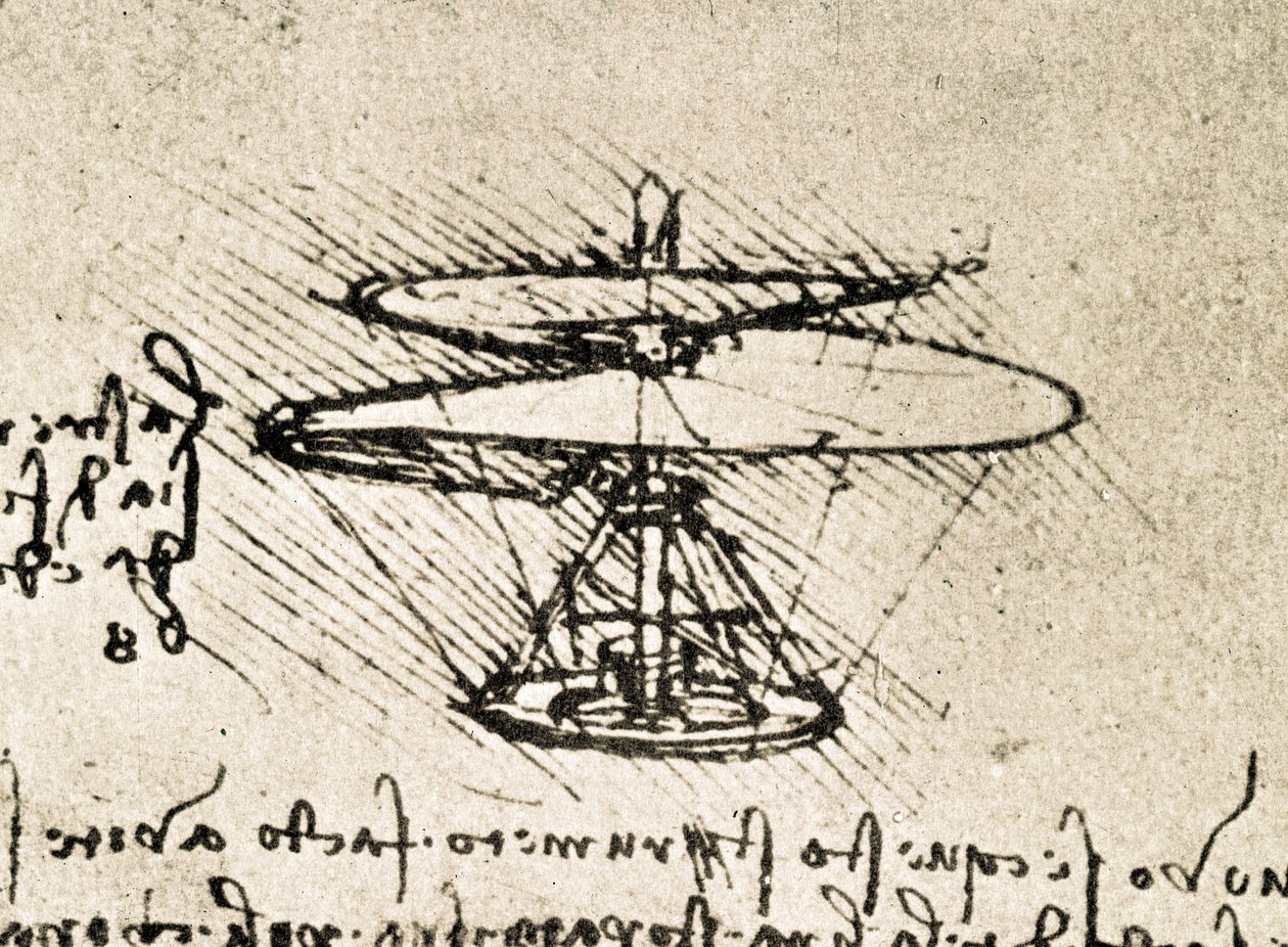 Kivonat egy Da Vinci-kéziratból, amely a "Légi csavar (helikopter)" elvét és felépítését írja le (kézirat). alkotó: Leonardo da Vinci