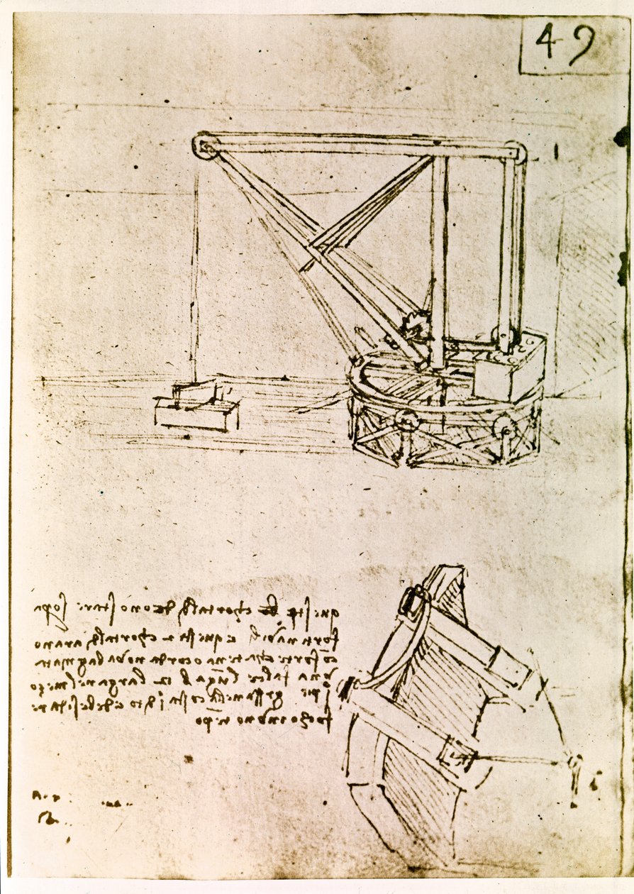 Kivonat egy Da Vinci-kéziratból, amely a "forgó daru" elvét és felépítését írja le (kézirat). alkotó: Leonardo da Vinci