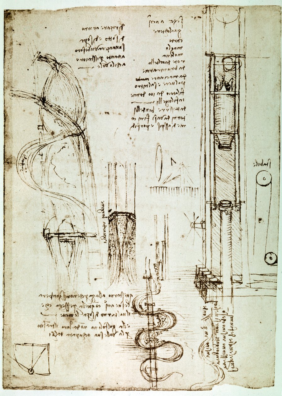 Kivonat egy Da Vinci-kéziratból, amely leírja a "cölöpverő (cölöpkalapács)" elvét és felépítését (kézirat). alkotó: Leonardo da Vinci