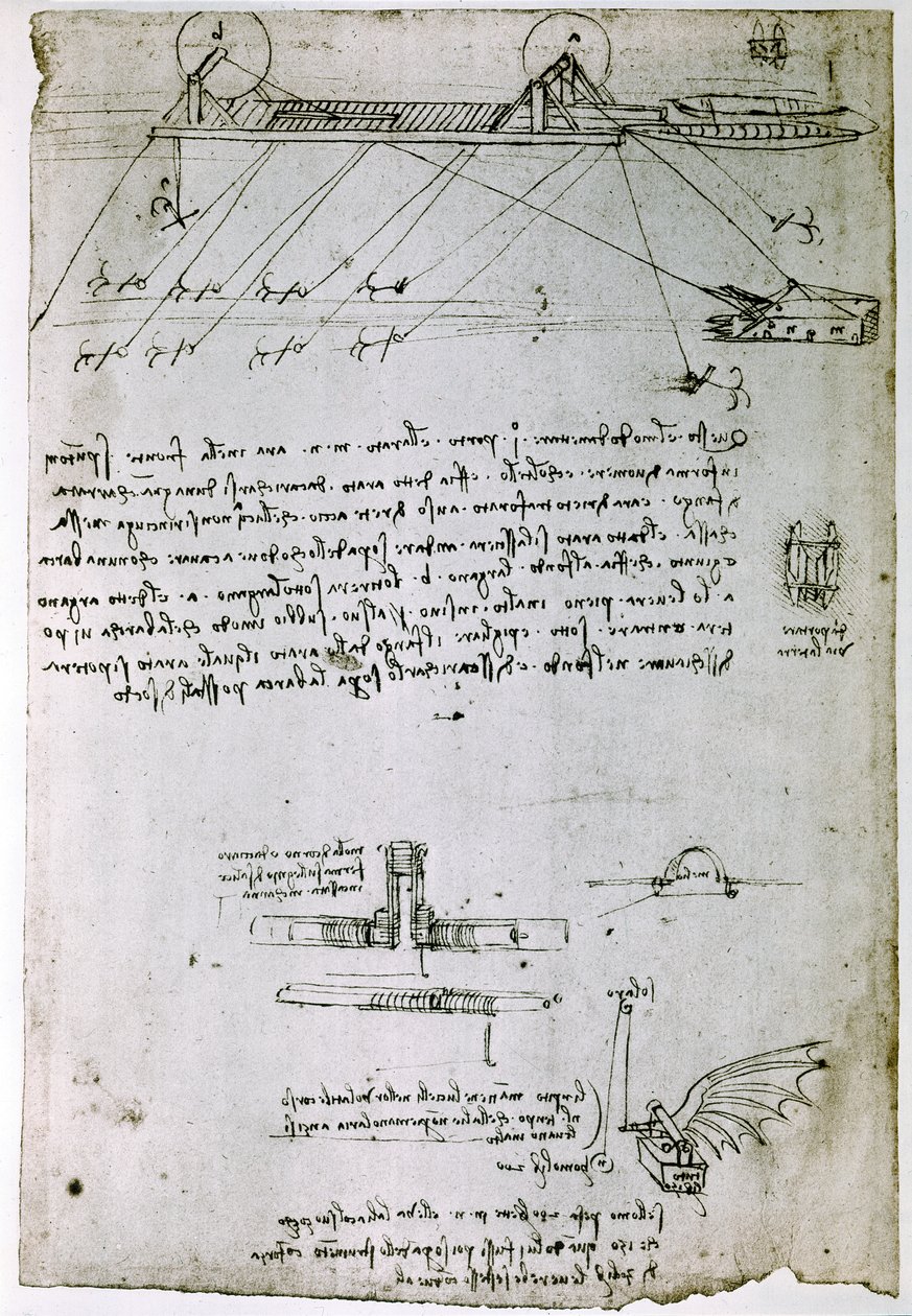 Kivonat egy Da Vinci-kéziratból, amely egy "tengeri kotrógép" elvét és felépítését írja le (kézirat). alkotó: Leonardo da Vinci