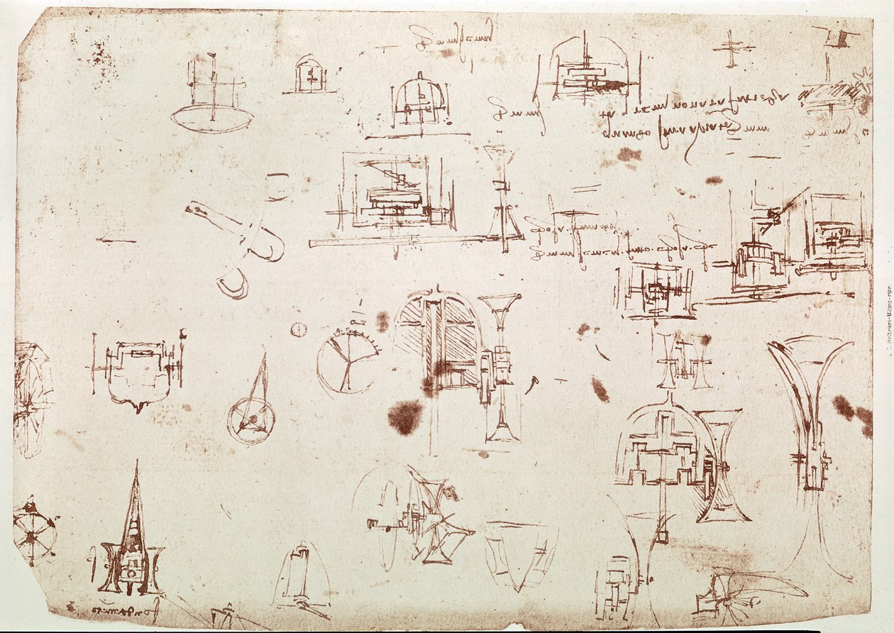 Kivonat egy Da Vinci-kéziratból, amely egy "Kerekek által meghajtott csónak" elvét és felépítését írja le (kézirat). alkotó: Leonardo da Vinci