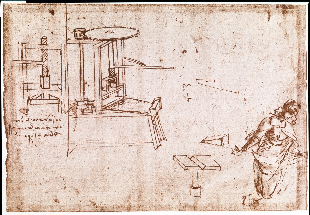 Kivonat egy Da Vinci-kéziratból, amely a nyomtatáshoz használt "présgép" elvét és felépítését írja le (kézirat). alkotó: Leonardo da Vinci