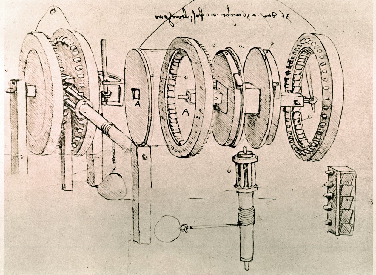 Kivonat egy Da Vinci-kéziratból, amely a "Váltakozó mozgás folyamatos mozgássá alakítása" elvét és felépítését írja le (kézirat). alkotó: Leonardo da Vinci