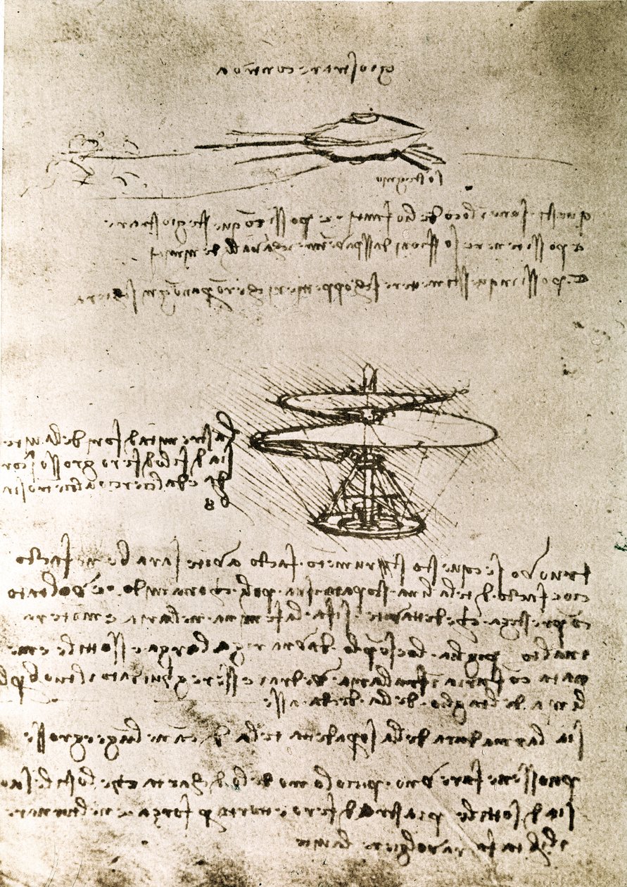Kivonat egy Da Vinci-kéziratból, amely a "Légi csavar (helikopter)" elvét és felépítését írja le (kézirat). alkotó: Leonardo da Vinci
