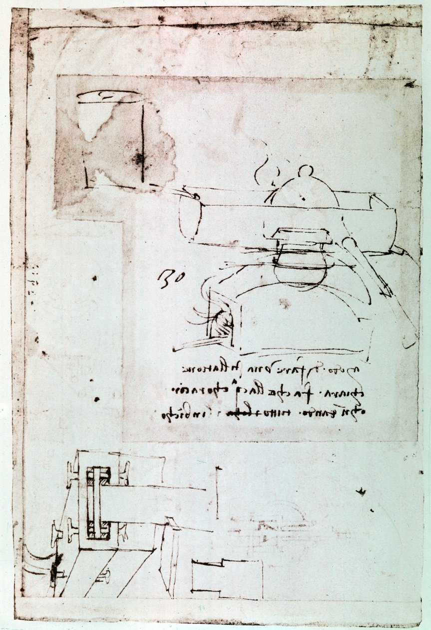 Kivonat egy Da Vinci-kéziratból, amely leírja a "Folyamatos hűtéssel működő desztillátor" elvét és felépítését (kézirat). alkotó: Leonardo da Vinci
