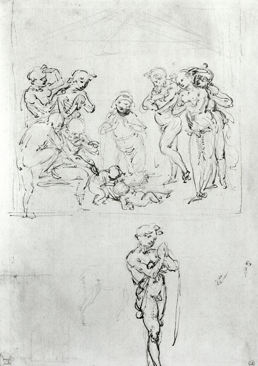 Figural Studies for the Adoration of the Magi, 1481 körül (toll, tinta és fémhegy papíron) alkotó: Leonardo da Vinci