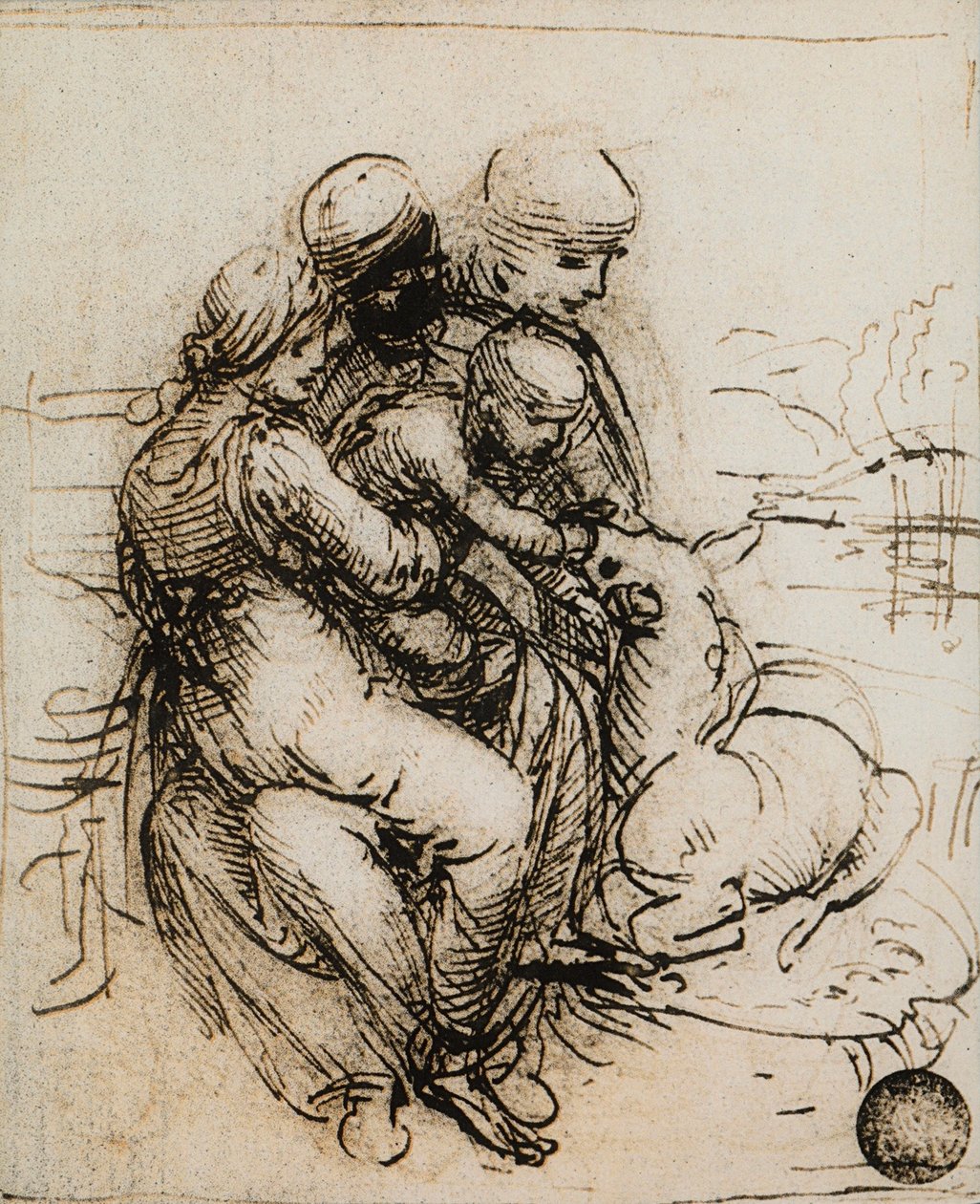 Első ötlet a Madonna és a Gyermek és a Szent Anna számára; Leonardo da Vinci rajza. Gallerie dell