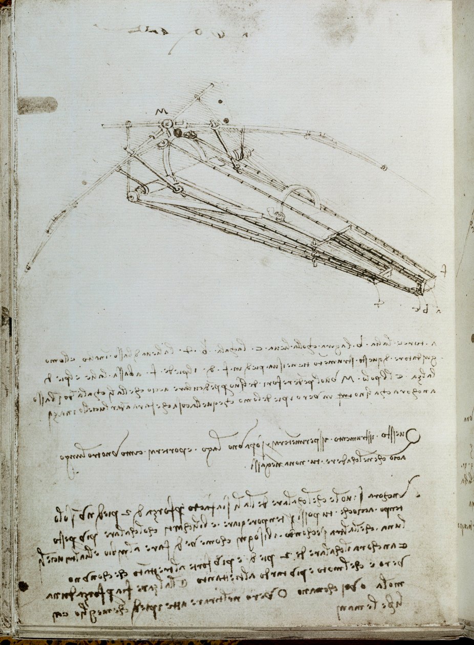 Repülőgép rajz. Leonard De Vinci kézirata (Leonardo da Vinci alkotó: Leonardo da Vinci