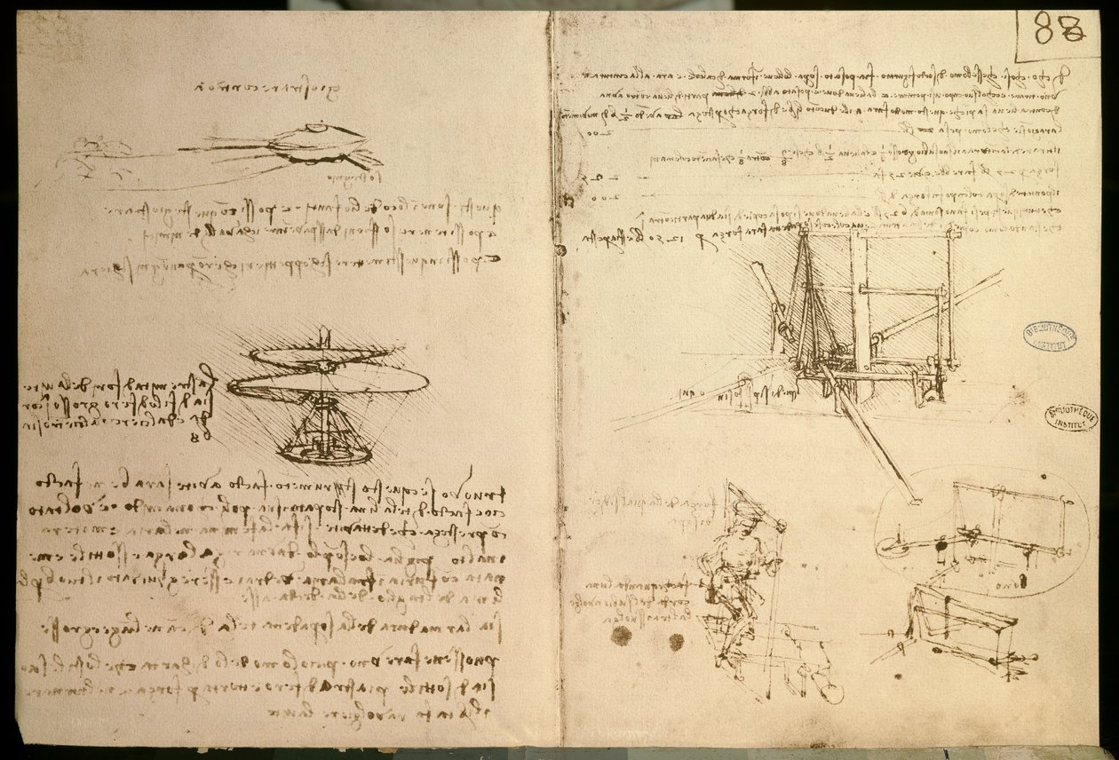 Repülőgépek, az egyik első rajz egy helikopter-szerű repülő gépről, c. 1487 alkotó: Leonardo da Vinci