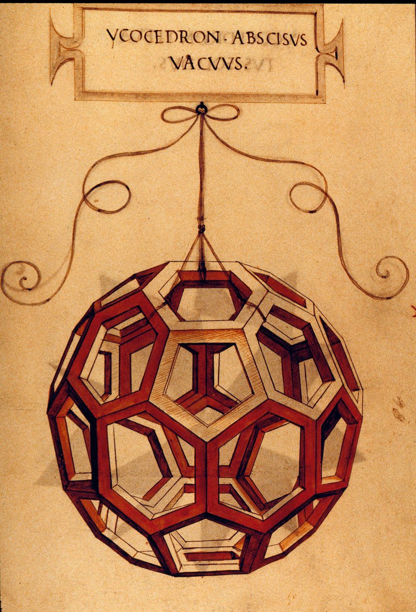 Geometria: "" Egy ikozaéder"" Az oldal a "" De divina ratione" (Az isteni arányokról) című kéziratból származik, Fra Luca Pacioli dit Luca di Borgo (1445-1517) matematikus, Leonardo da Vinci (1452-1519) illusztrálta. 1509. alkotó: Leonardo da Vinci