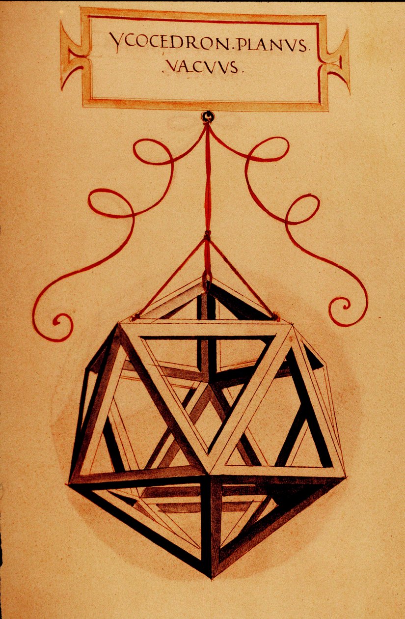 Geometria: "" Egy ikozaéder"" Az oldal a "" De divina ratione" (Az isteni arányokról) című kéziratból származik, Fra Luca Pacioli dit Luca di Borgo (1445-1517) matematikus, Leonardo da Vinci (1452-1519) illusztrálta. 1509. alkotó: Leonardo da Vinci