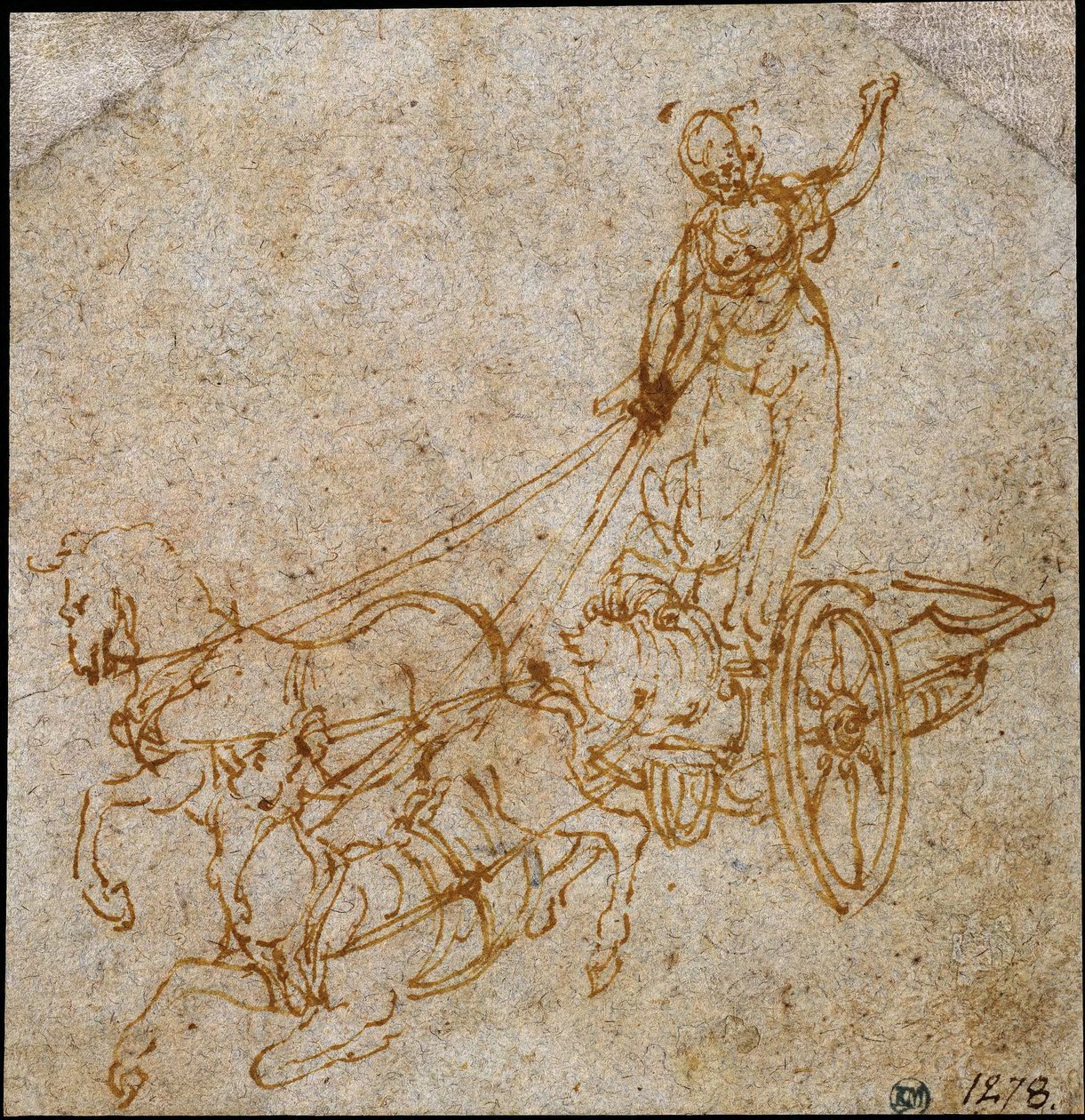 Egy két ló által húzott szekéren álló istennő, amelyből az egyik ló éppen elesik alkotó: Leonardo da Vinci