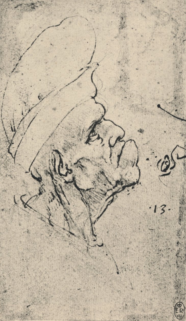 Egy jobb oldali kalapot viselő férfi groteszk profilja, c1480 1945 alkotó: Leonardo da Vinci