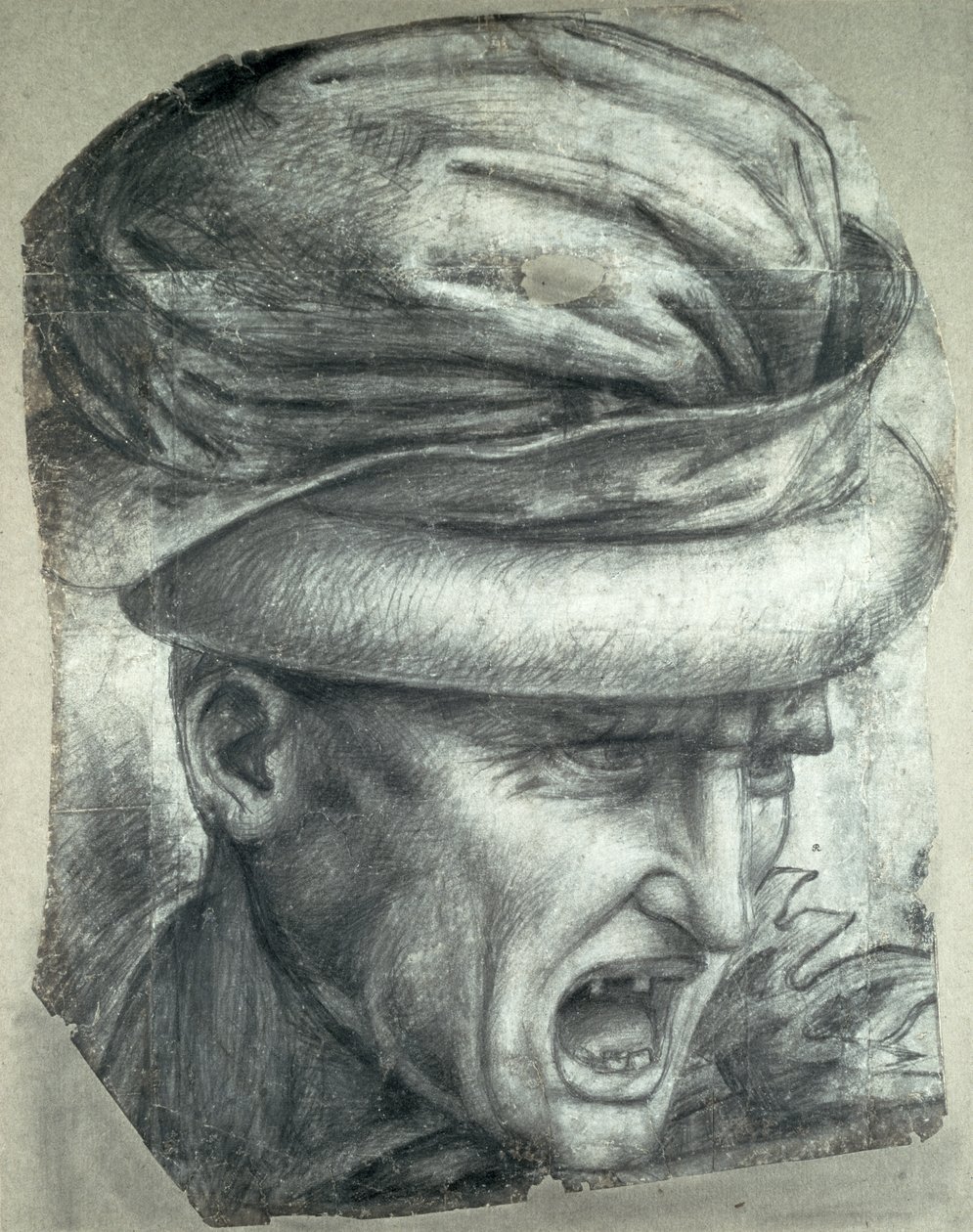 Egy harcos feje, az „Anghiari csata” részletének másolata (fekete kréta papíron) alkotó: Leonardo da Vinci