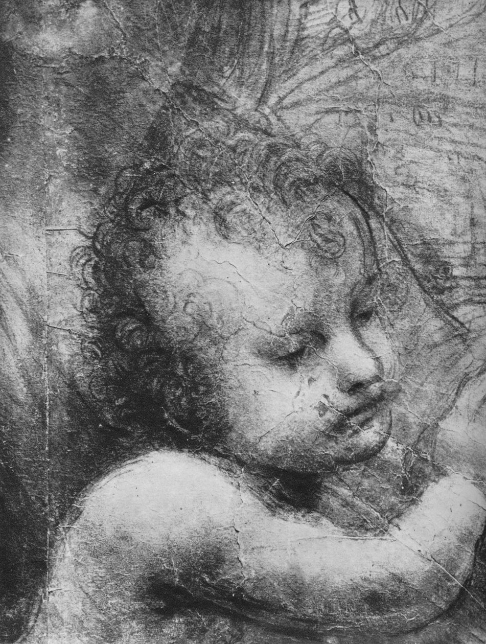 A csecsemő Jézus feje – Szűz és gyermeke Szent Annával és Szent János csecsemővel, c1480 1945 alkotó: Leonardo da Vinci