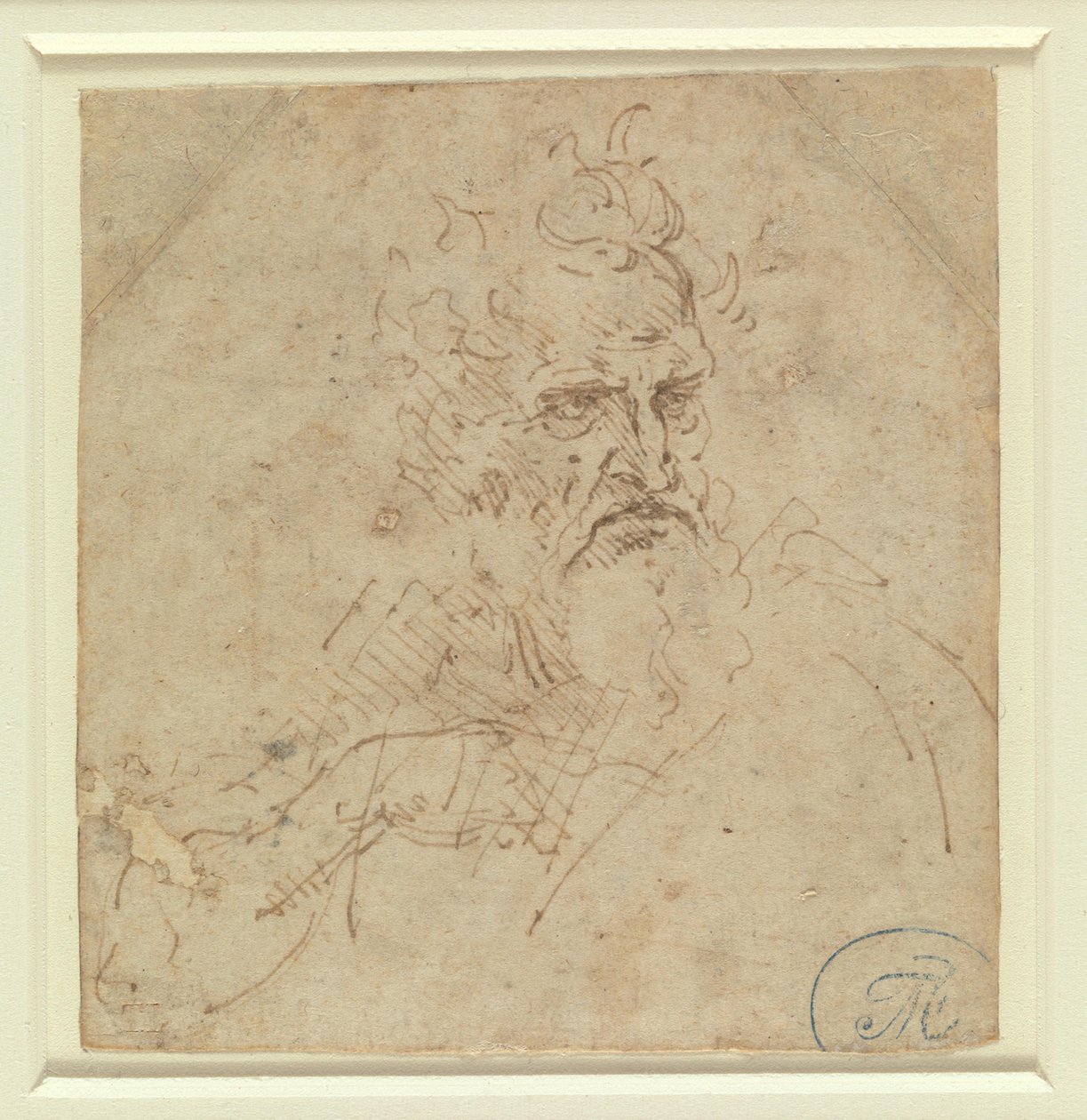 Egy komor tekintetű, ősz hajú férfi feje, jobb karjával alkotó: Leonardo da Vinci