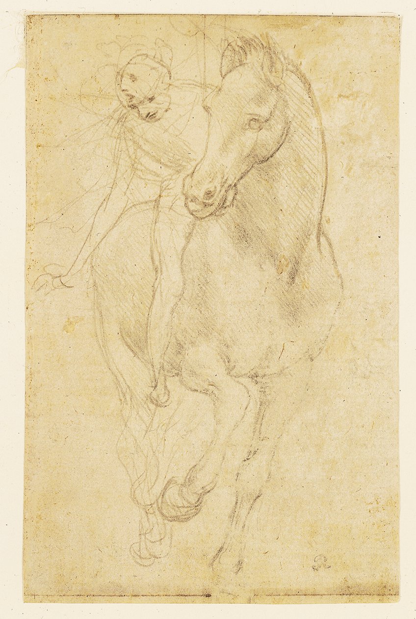 Ló és lovas, 1480 körül (ezüsthegyezés, előkészített papír) alkotó: Leonardo da Vinci