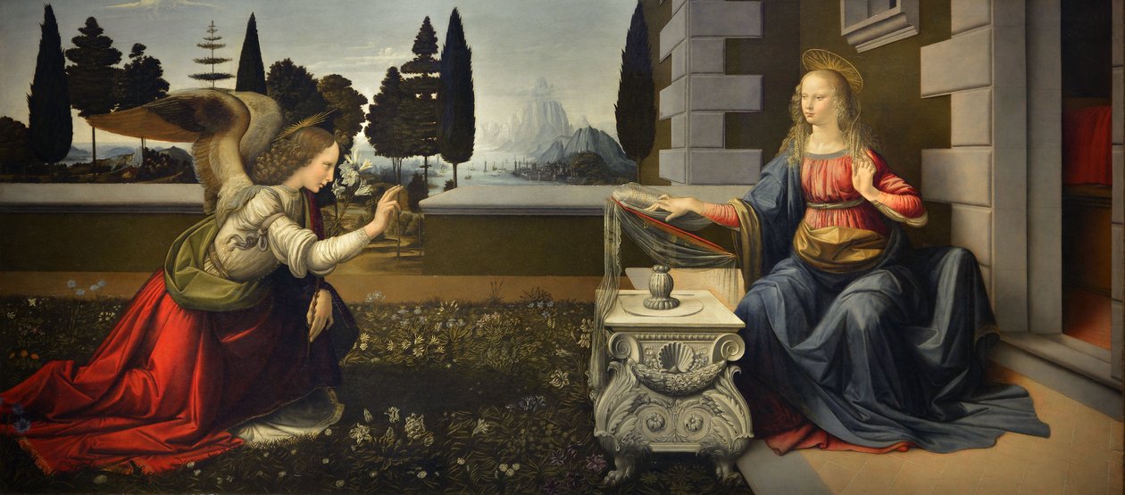 Olaszország Toszkána Firenze, Uffizi Képtár: Angyali üdvözlet, Leonardo da Vinci (1452-1519) festménye, Olaj, fa, kb. 1472-1475, 98x217 cm alkotó: Leonardo da Vinci