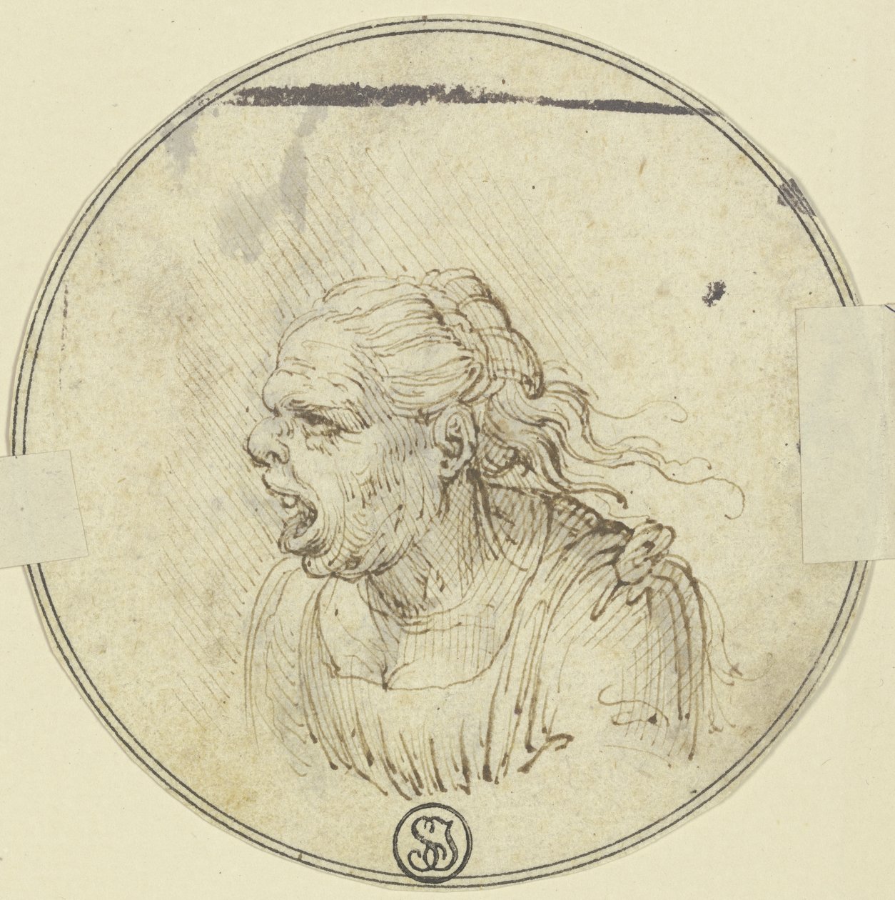 Karikatúra egy nyitott szájú nőről, mellkép, balra néző profilból alkotó: Leonardo da Vinci