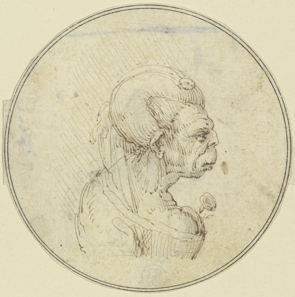Egy idős nő karikatúrája, mellkép, mellén egy rózsával, jobbra néző profilból alkotó: Leonardo da Vinci