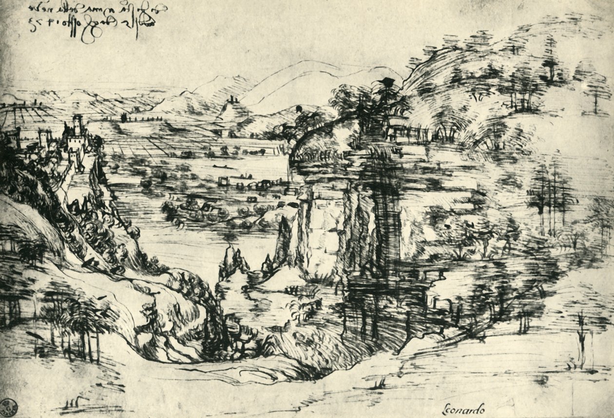 Tájrajz a Santa Maria della Neve számára 1473. augusztus 5-én, 1943. alkotó: Leonardo da Vinci