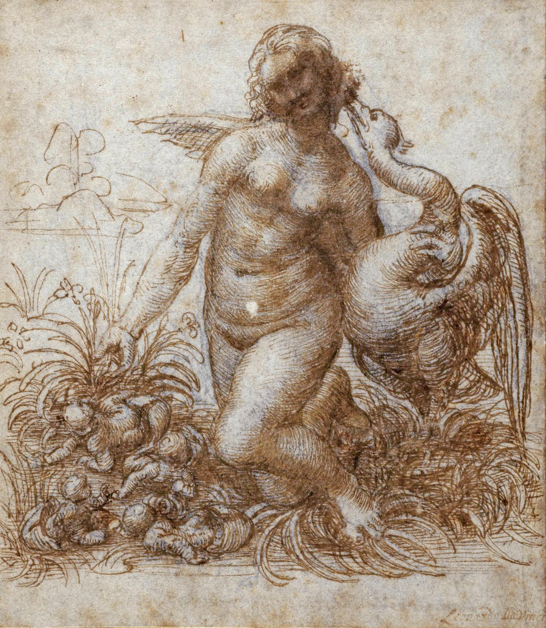 Leda és a hattyú (toll és barna tinta fekete krétával papíron) alkotó: Leonardo da Vinci