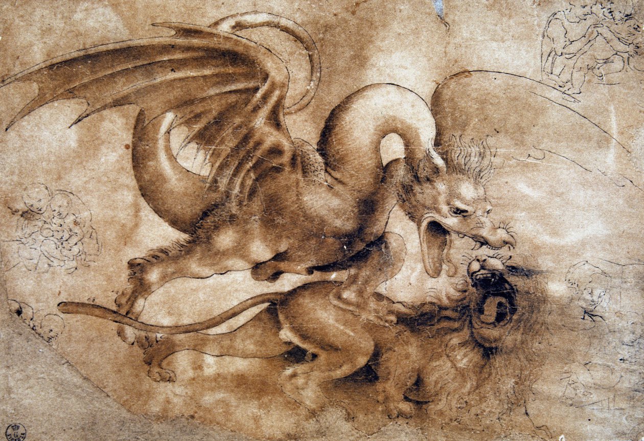 Leonardo da Vinci (Leonardo da Vinci) (1452 - 1519): Harc oroszlán és sárkány között, GDSU 435 E (Képzeld el) alkotó: Leonardo da Vinci