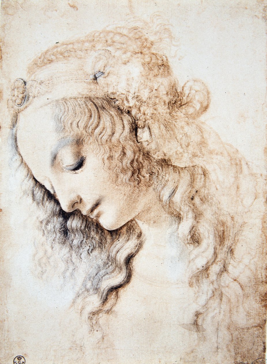 Leonardo da Vinci (Leonardo da Vinci) (1452 - 1519): Egy csukott szemű, lehajtott fejű lány portréja, ékszerekkel dúsított szalaggal díszítve (Immagina) alkotó: Leonardo da Vinci