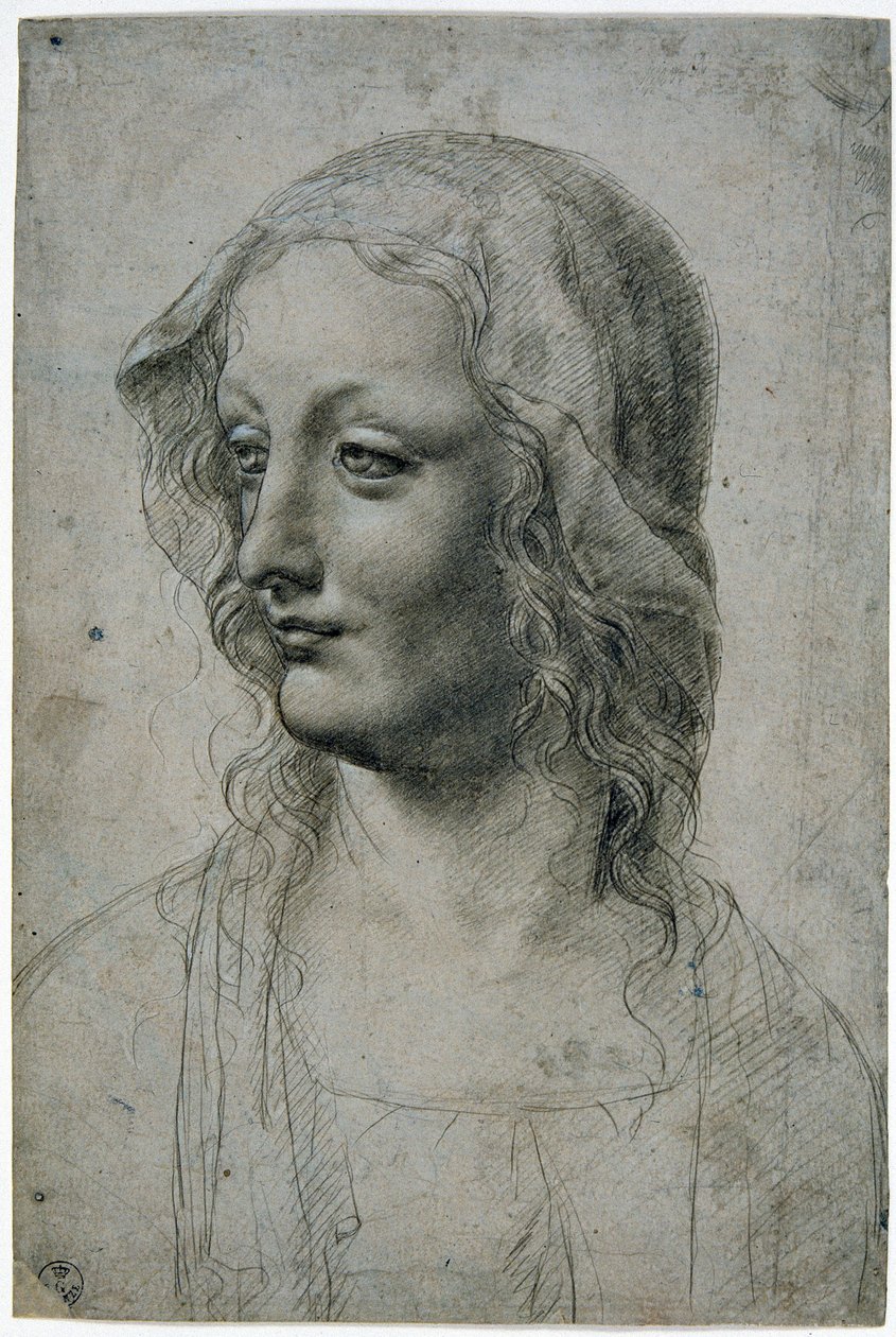 Maestro della Pala Sforzesca (Leonardo da Vinci milánói tanítványa), női fej fátyollal, talán egy tanulmány a Szűznek, GDSU 426 E alkotó: Leonardo da Vinci
