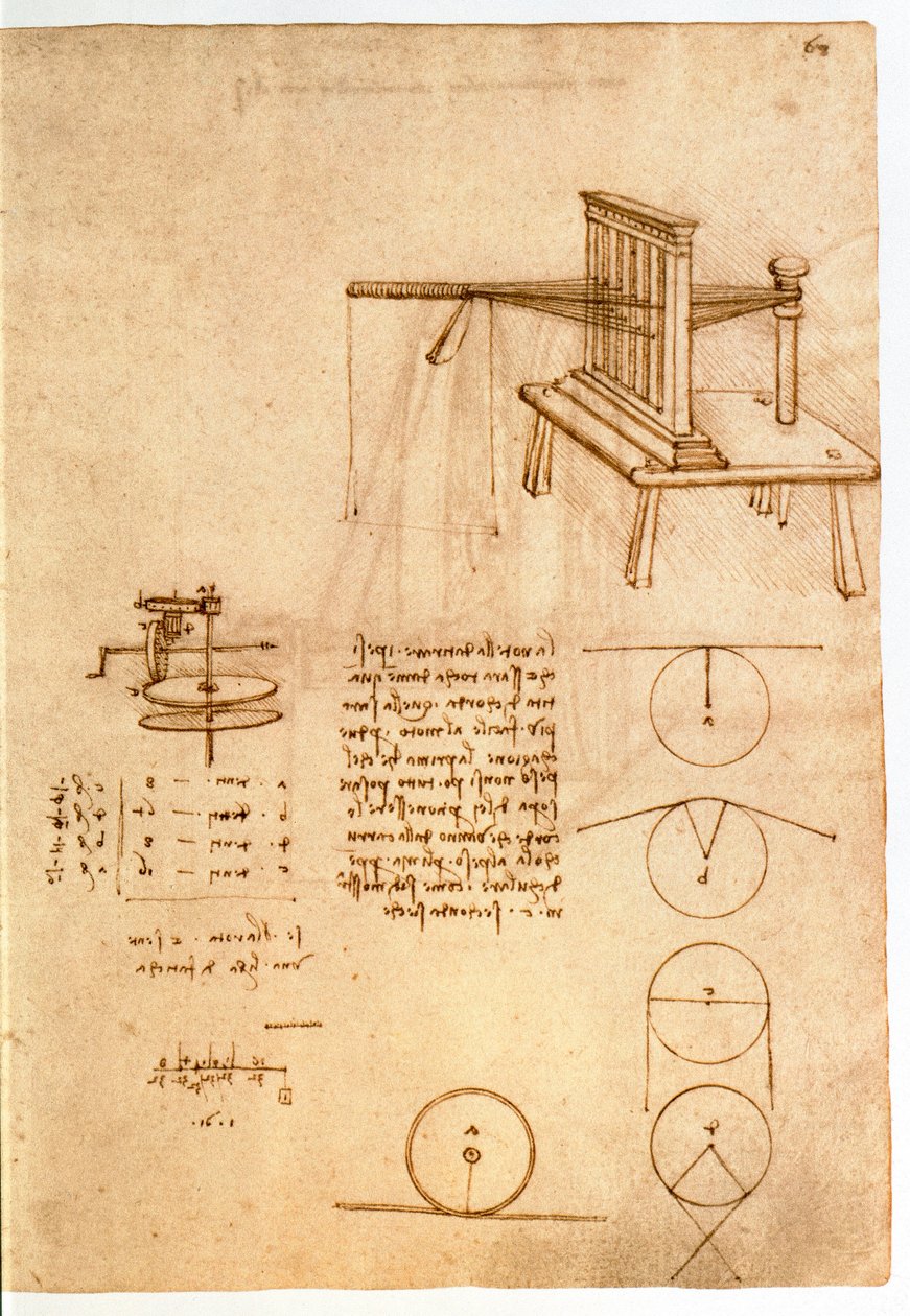 Ms 8937 fol.68r Tanulmány egy textilgéphez, „Codex Madrid I”, c.1493-97 (toll és tinta papíron) alkotó: Leonardo da Vinci