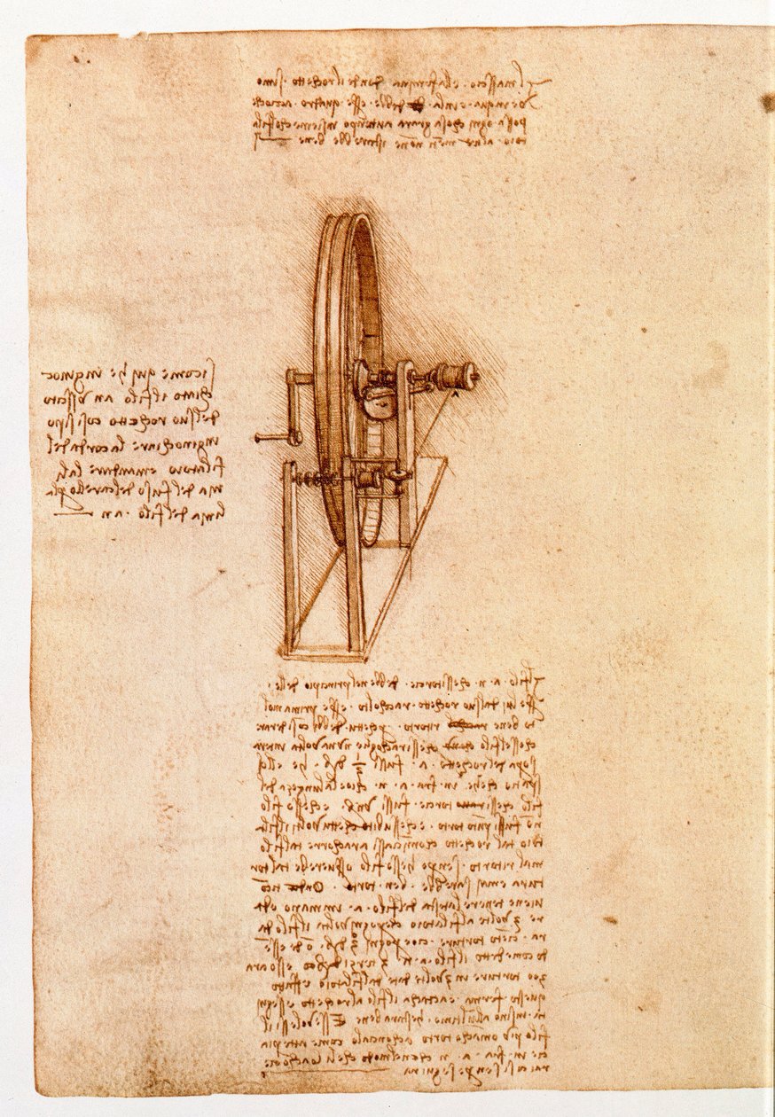 Ms 8937 fol. 65v-os tanulmány forgó kerékhez, „Codex Madrid I”, 1493-97 körül (toll és tinta papíron) alkotó: Leonardo da Vinci