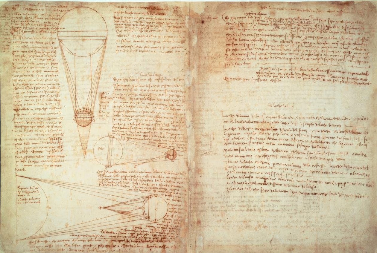 Jegyzetek és két diagram a Föld és a Hold és a Nap kapcsolatáról alkotó: Leonardo da Vinci