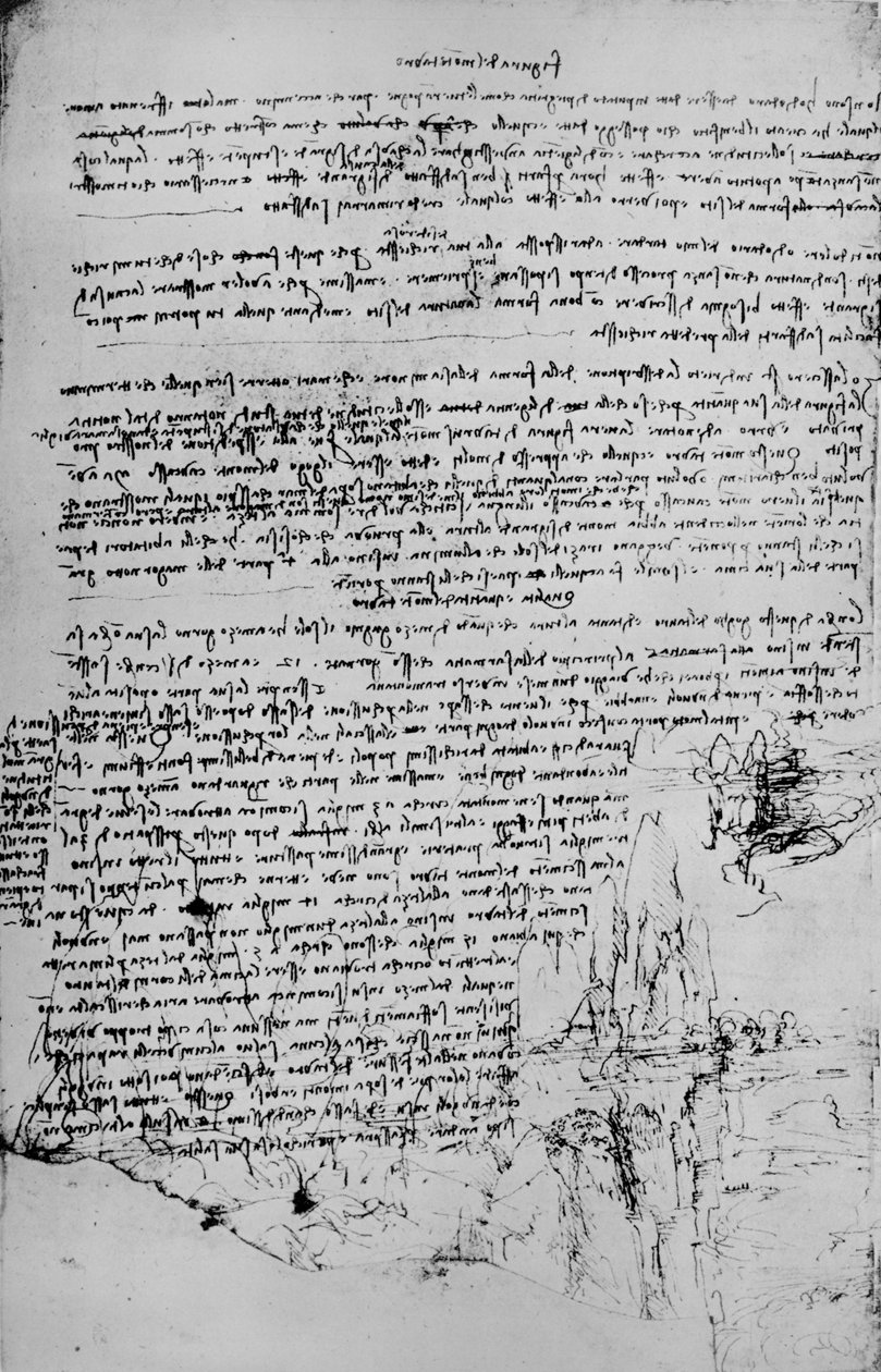 Szövegoldal tájvázlatokkal, c1480 1945 alkotó: Leonardo da Vinci
