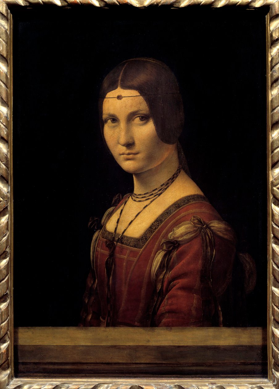 Ritratto di dama. Egy hölgy portréja a milánói udvarból, tévesen azt mondta: „a szép vasmű”. Leonardo da Vinci (Leonardo da Vinci) festménye (1452-1519) 15. század V. 0,63x0,45 m. - Ritratto di dama. Egy milánói udvarhölgy portréja, w alkotó: Leonardo da Vinci