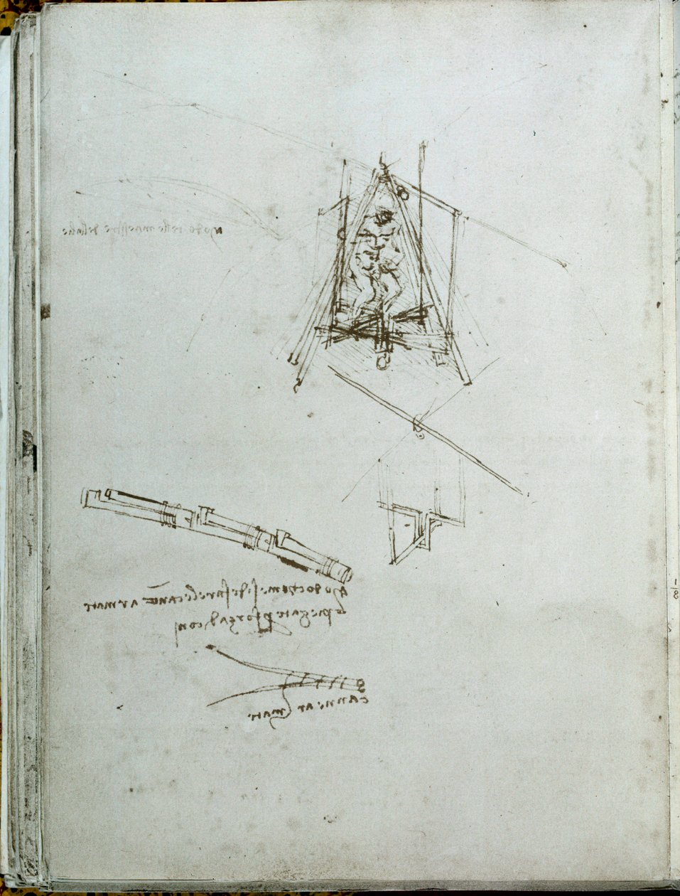 Tudomány és technika: kézirat repülő gépekről, helikopter őse. Leonardo da Vinci könyve (Leonardo da Vinci) (1452-1519). 1487 körül. Párizs, az Institut de France könyvtára alkotó: Leonardo da Vinci