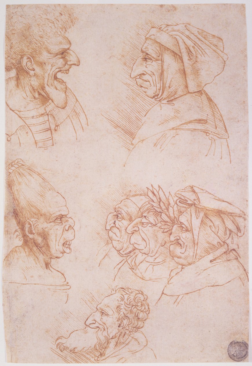 Hét tanulmány a groteszk arcokról (piros kréta papíron) alkotó: Leonardo da Vinci