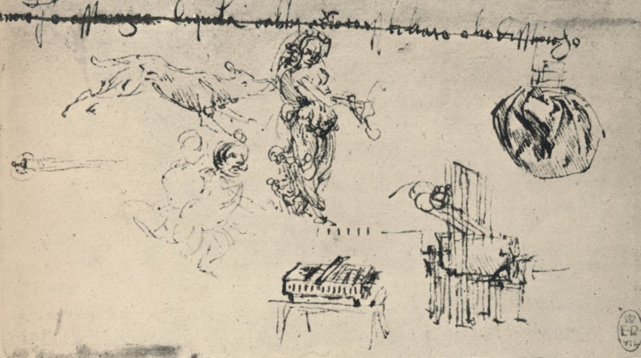 Tanulmányok egy fiatal nővel, egy farkassal stb., c1480 1945 alkotó: Leonardo da Vinci