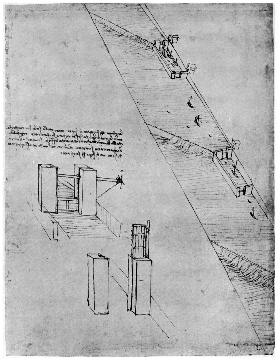 Zsilip vázlata, 15. század vége vagy 16. század eleje, 1954. alkotó: Leonardo da Vinci