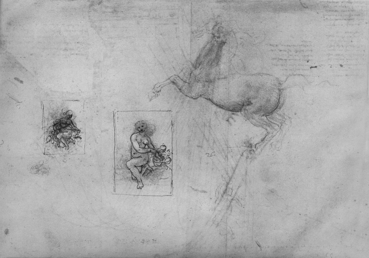 Vázlatok egy térdelő Ledához és egy lóhoz, c1480 1945 alkotó: Leonardo da Vinci