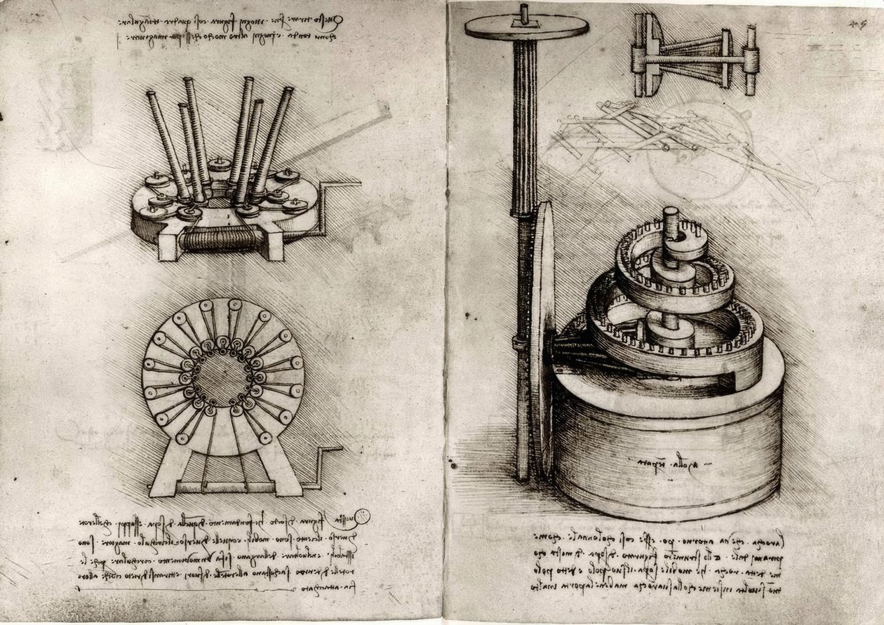 Mechanikai tanulmányok; egy óra jobb oldali főrugója alkotó: Leonardo da Vinci