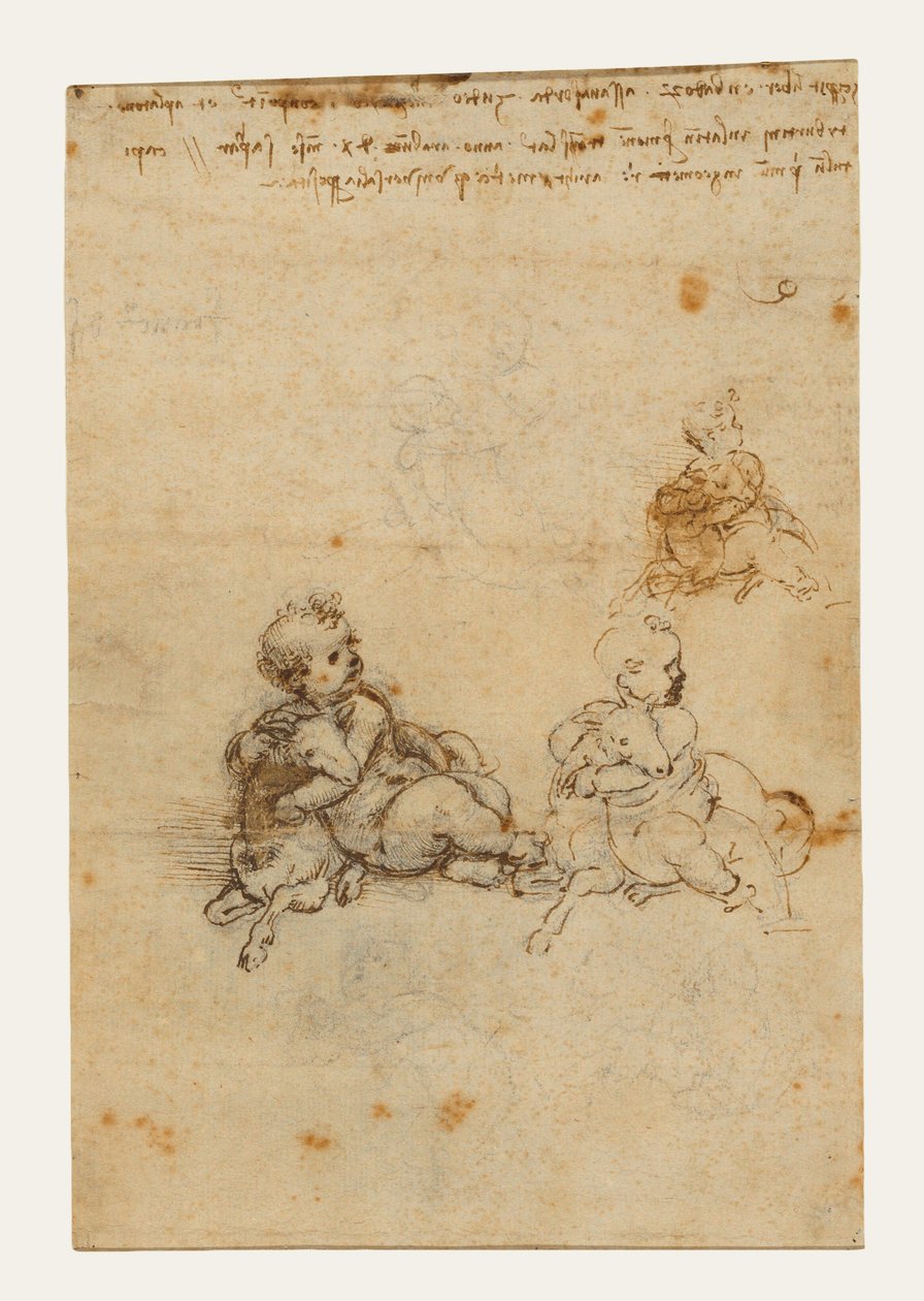 Vázlatok a „Krisztusgyermek báránnyal” című műhöz (előlap); egy idős férfi feje, valamint gépek vázlatai (hátlap) alkotó: Leonardo da Vinci