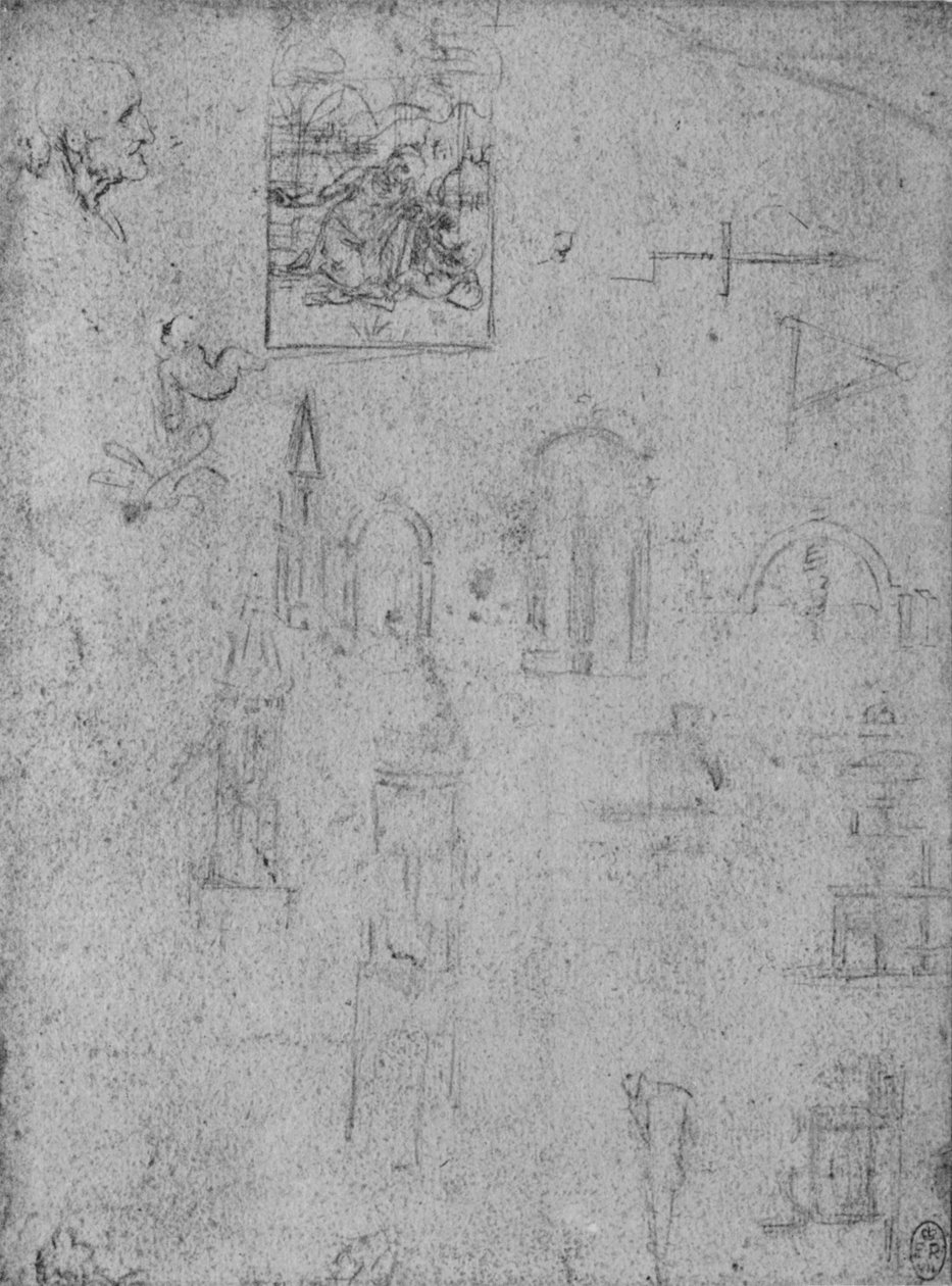 Tanulmányok az építészetről és a csecsemő Krisztust imádó szűzről, c1480 1945 alkotó: Leonardo da Vinci